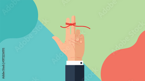 Hand with red string tied around index finger used as a reminder for important tasks or events on colorful abstract background illustration.