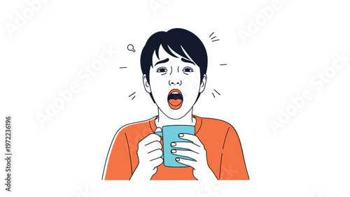 Young man in an orange shirt reacting with shock and pain after taking a sip of an extremely hot drink from a blue mug.