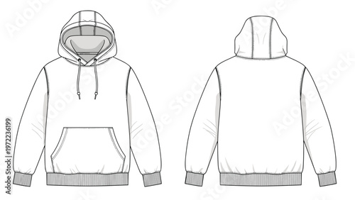 Technical fashion sketch illustrating the front and back views of a classic long sleeved hooded sweatshirt with a pocket and drawstrings.