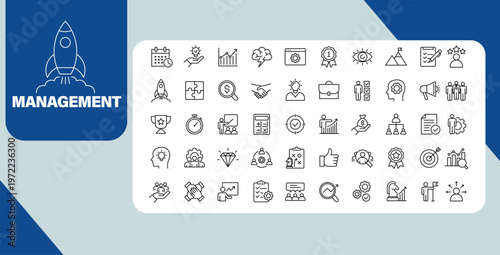 Management Line Icons Leadership Strategy Planning Business Operations and Performance Concept