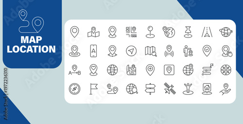 Map Location Line Icons Navigation GPS Pin Route Direction and Geolocation Concept