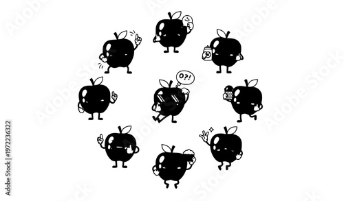 Apple cartoon mascot collection cute fruit characters expressions vector set