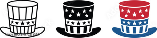 Stylish collection of patriotic top hat icons, showcasing American flag motifs for various celebrations and designs.