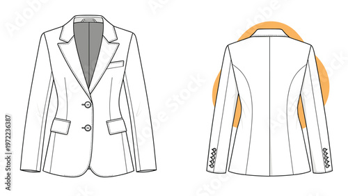 Women blazer suit jacket fashion technical drawing template showing front and back views with details like buttons and pockets for design.