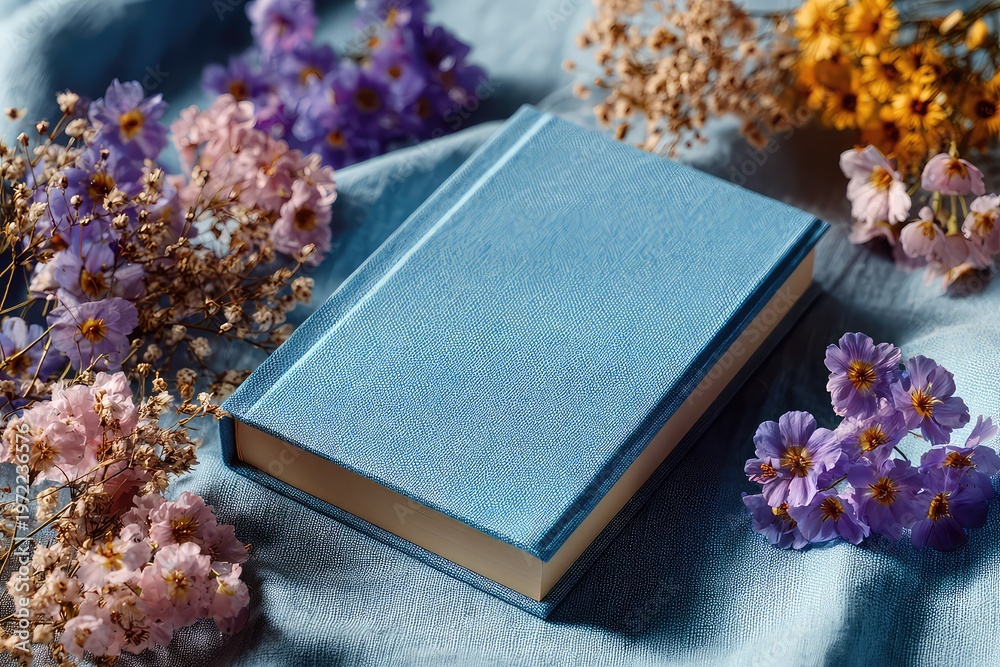 Fototapeta premium Hardcover mockup on pastel blue linen