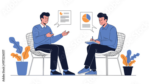 Two professional businessmen sitting in stylish chairs having an interview or business discussion while taking notes on a clipboard in office.
