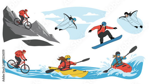 Illustration of various extreme sports including downhill mountain biking wingsuit flying snowboarding and kayaking.