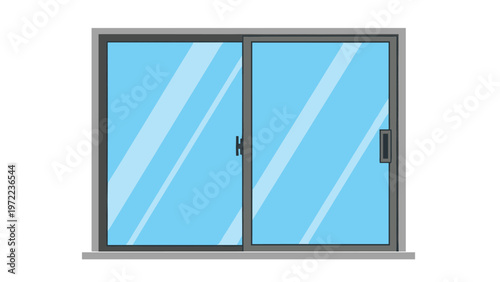 Modern sliding glass window illustration with grey frame and blue tinted glass panes reflecting light against a plain white background.