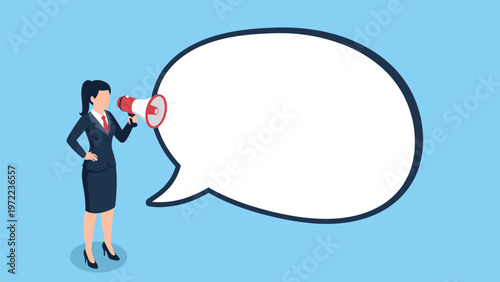 Professional businesswoman in a suit holding a megaphone standing next to a large empty speech bubble for customized marketing text copy.