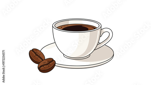 White cup of black coffee on saucer with two roasted coffee beans beside it in simple illustration style on white background.