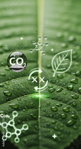 Macro Dew-Covered Leaf with Digital ESG Icons: Smoked Glass CO2, Bio-Light Exchange, and Data Leaf – Conceptual Net Zero and Green Finance Still Life