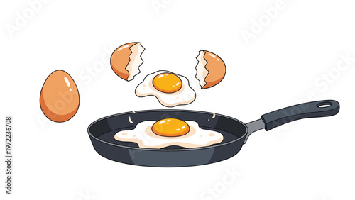Two fried eggs being cooked in a black frying pan with one egg being cracked open from its shell onto the surface.