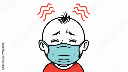 Infant wearing a medical mask with red fever lines above the head representing sickness or a common cold infection.