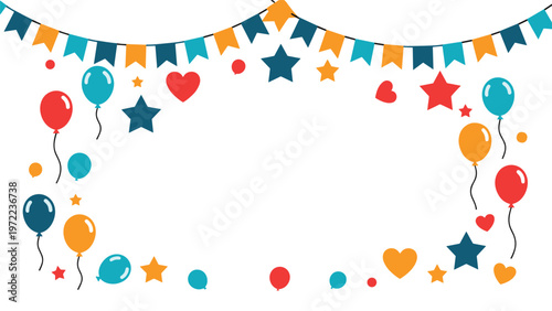 Festive party border featuring colorful balloons, bunting flags, stars, and hearts for a celebratory background design.