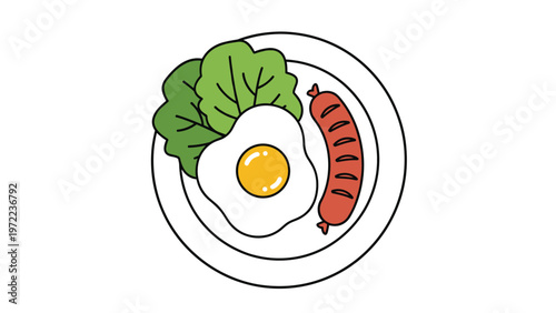 Simple breakfast plate consisting of a single fried egg, a grilled sausage, and two fresh green lettuce leaves.