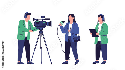 Media news crew on location featuring a cameraman reporter with a microphone and a director with a clipboard.