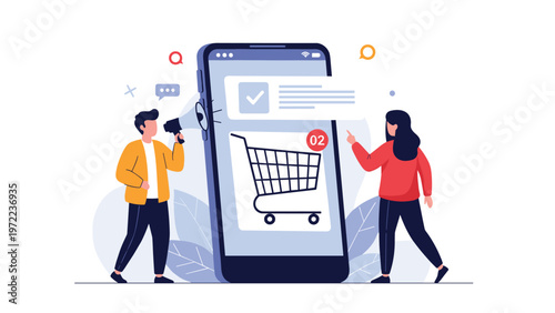 Man with megaphone and woman pointing at a large smartphone showing an online shopping cart for promotional ecommerce advertising campaign.