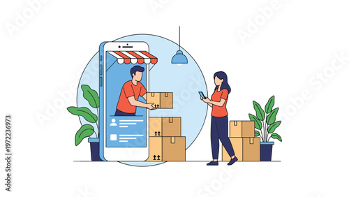 Online shopping and delivery service concept showing a man delivering a box to a woman from inside a giant smartphone screen illustration.