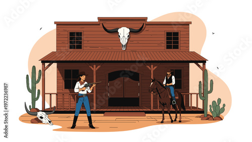 Classic wild west saloon scene with a cowboy riding a horse and a woman holding a rifle near cactus and skulls.