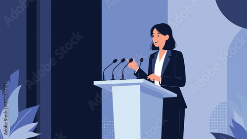 Professional woman in a suit standing at a white podium and giving a speech into several microphones during a conference or press event hall.