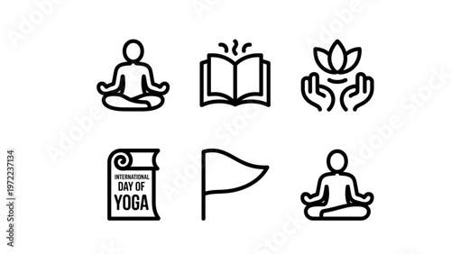Collection of yoga and wellness-related icons depicting meditation, books, and nature Vector