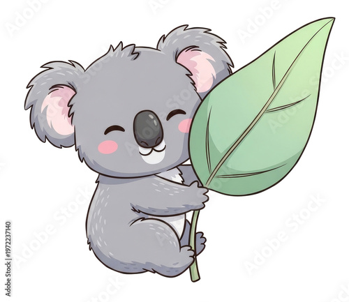 Cute cartoon koala holding large green eucalyptus leaf on transparent background. Vector illustration of baby animal character for nursery decor, children book design and sticker.