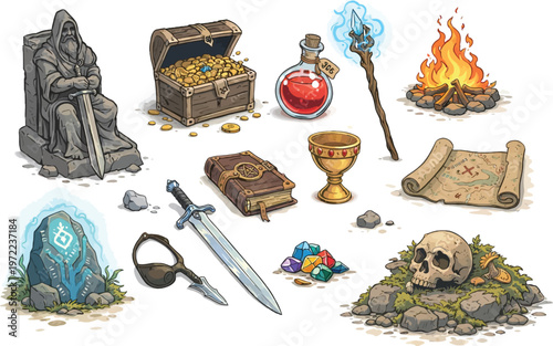 Set of cartoon pirate adventure icons including a treasure chest, gold coins, an old map, a skull key, and a flaming torch for a fantasy game or quest illustration 
