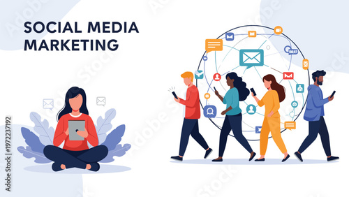 Social media marketing concept with a woman using a tablet and a group of people connected through a global network of digital world icons.