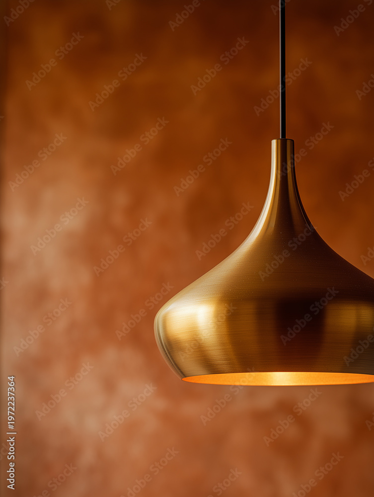 © ALL YOU NEED studio - Modern brass pendant lamp with warm diffused light on textured terracotta wall, luxury interior macro © ALL YOU NEED studio - Modern brass pendant lamp with warm diffused light on textured terracotta wall, luxury interior macro