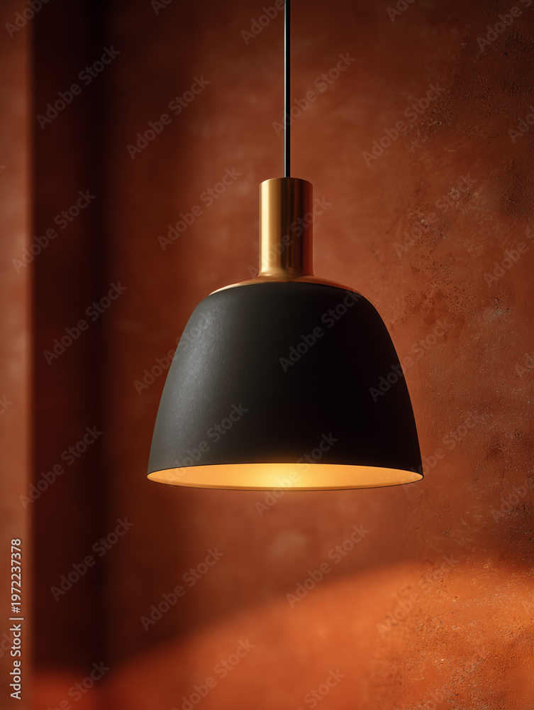 Fototapeta premium Modern brass pendant lamp with diffused warm light on textured terracotta wall, luxury interior close-up