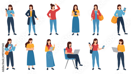 Diverse collection of female characters in different outfits and poses using various electronic gadgets like phones.
