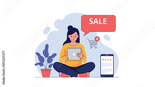 Young woman sitting cross legged on the floor while using a tablet for online shopping during a big seasonal sale event.