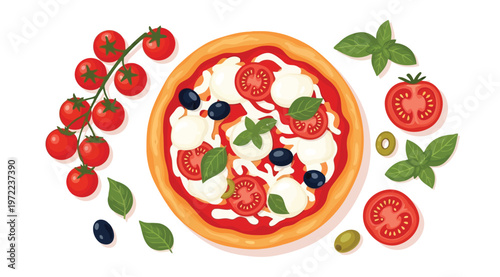 Pizza margherita with fresh tomatoes, mozzarella cheese, basil leaves and olives