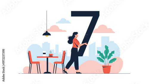 Female character carrying a giant black number seven while walking past a street cafe with city buildings behind.