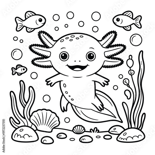 A whimsical illustration of a cat with a fish and flowers surrounding it isolated on white background, Vector