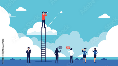 Business team members talking on the ground while one man on a high ladder looks through a telescope from a cloud.