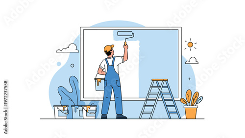 Professional house painter in blue overalls using a roller to paint a large white rectangular surface outdoors.