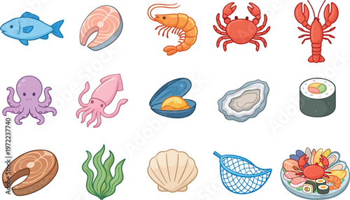 Collection of Fresh Seafood Illustrations Including Shark Cod Grouper Salmon Steaks Shrimp Lobster Squid and Jars of Cayenne Pepper Isolated on a White Background 
