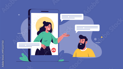 Man and woman communicating via a video call on a giant smartphone screen with many speech bubbles in the air.