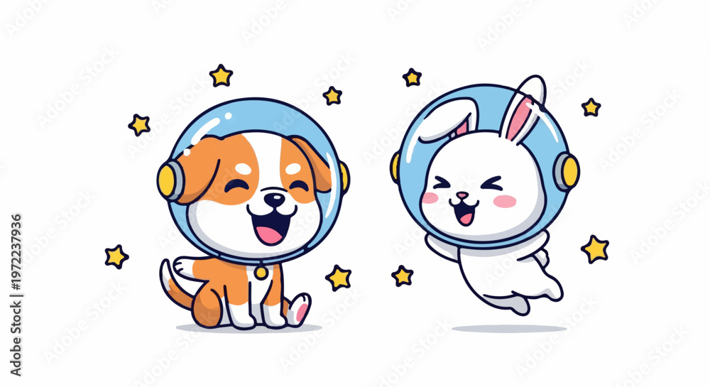 Fototapeta premium Adorable Astronaut Dog and Bunny Friends Floating in Space with Stars.