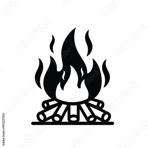 A black and white illustration of a campfire burning brightly on a plain background