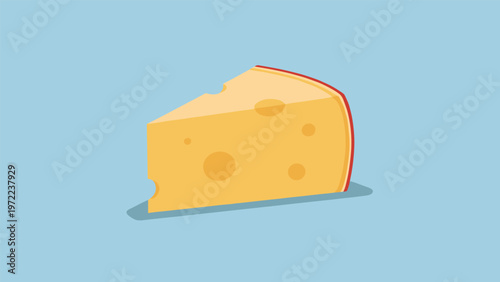 Minimalist vector illustration of a single wedge of yellow Swiss cheese with holes and red rind on blue background.