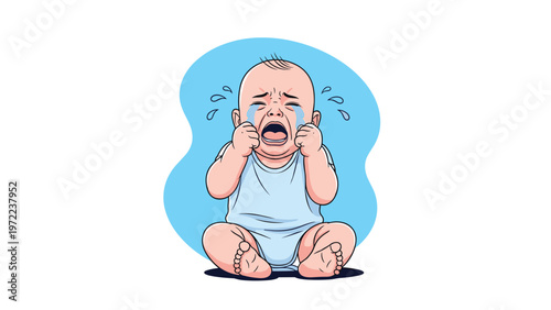 Sad baby sitting on the floor crying loudly with large blue tears falling from eyes in an emotional scene.