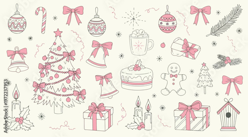 Set of handdrawn christmas elements, festive holiday doodles with pink accents including a decorated tree, gifts, ornaments, bells, gingerbread man, and candles