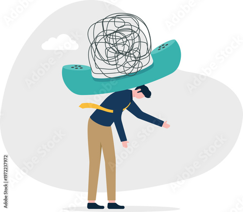 Professional carrying a giant telephone receiver with a mess of wire