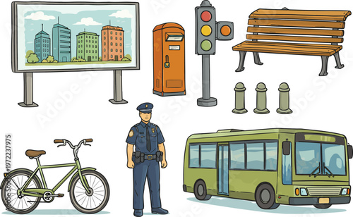 Large collection of colorful urban street objects illustrated in a hand-drawn doodle style, featuring a lantern, bicycle, bench, lamppost, traffic light, and fire hydrant 
