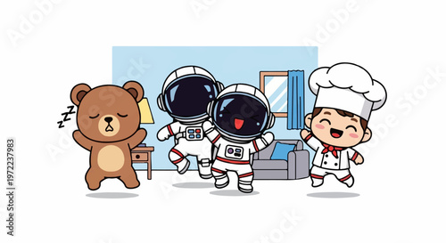 Adorable Astronauts and Chef Dancing with a Sleeping Bear.