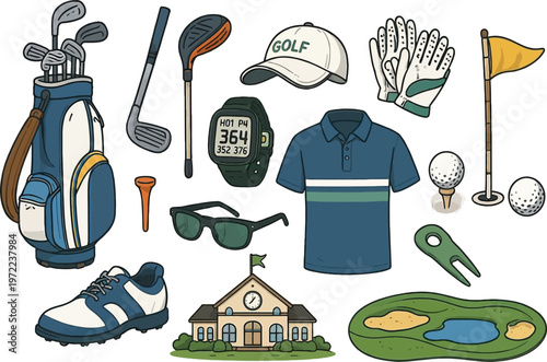 Golf equipment collection: clubs, shoes, and more essentials
Golfing essentials sportswear accessories and equipment on white background
