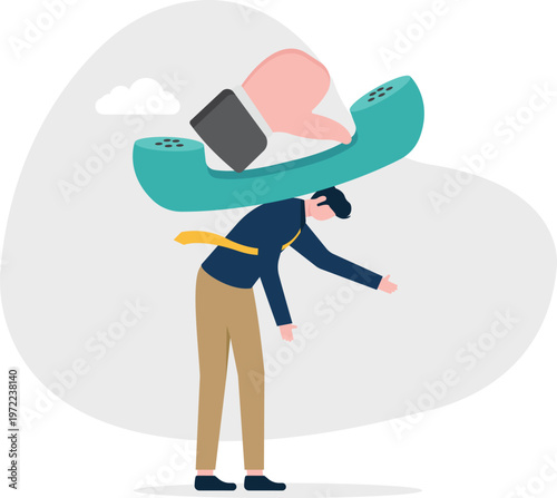 Professional carrying a giant telephone receiver with a thumbs down