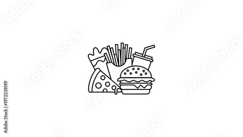 Assorted fast food items including pizza, burger, fries, and drink Vector